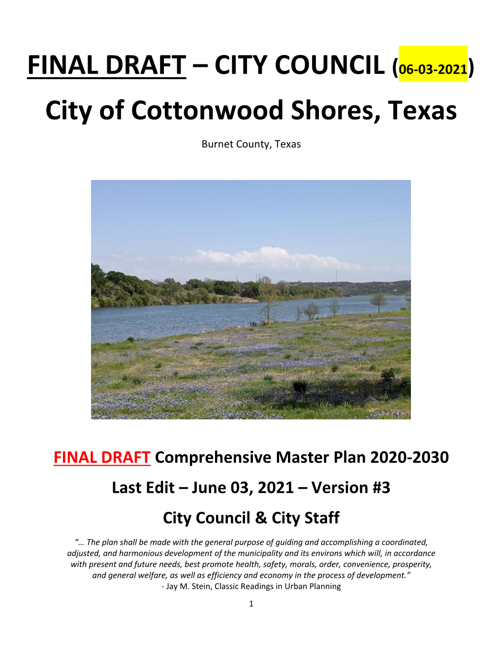 CITY COUNCIL (06-03-2021) City of Cottonwood Shores, Texas