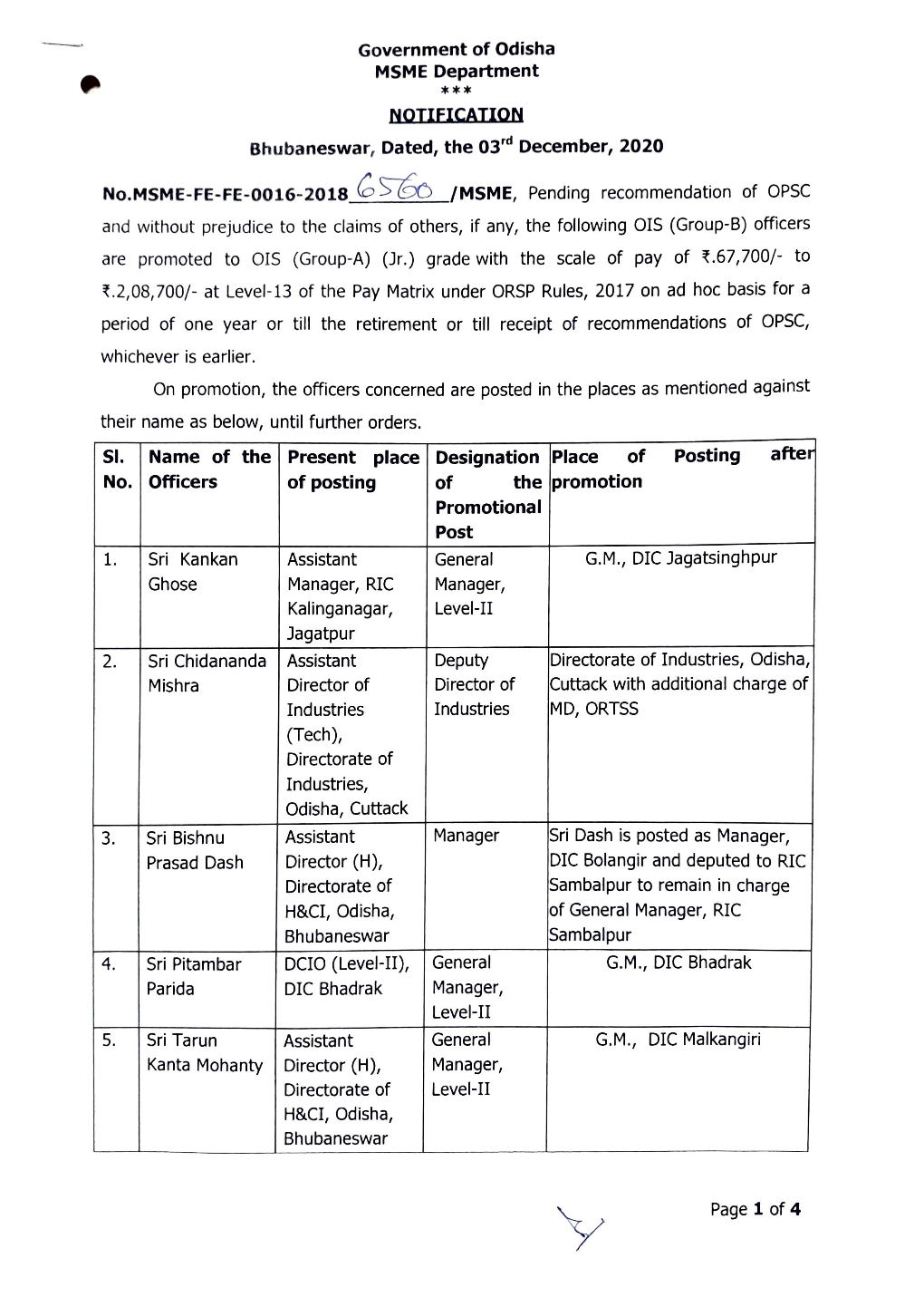 Notification of Promotion of the Officers