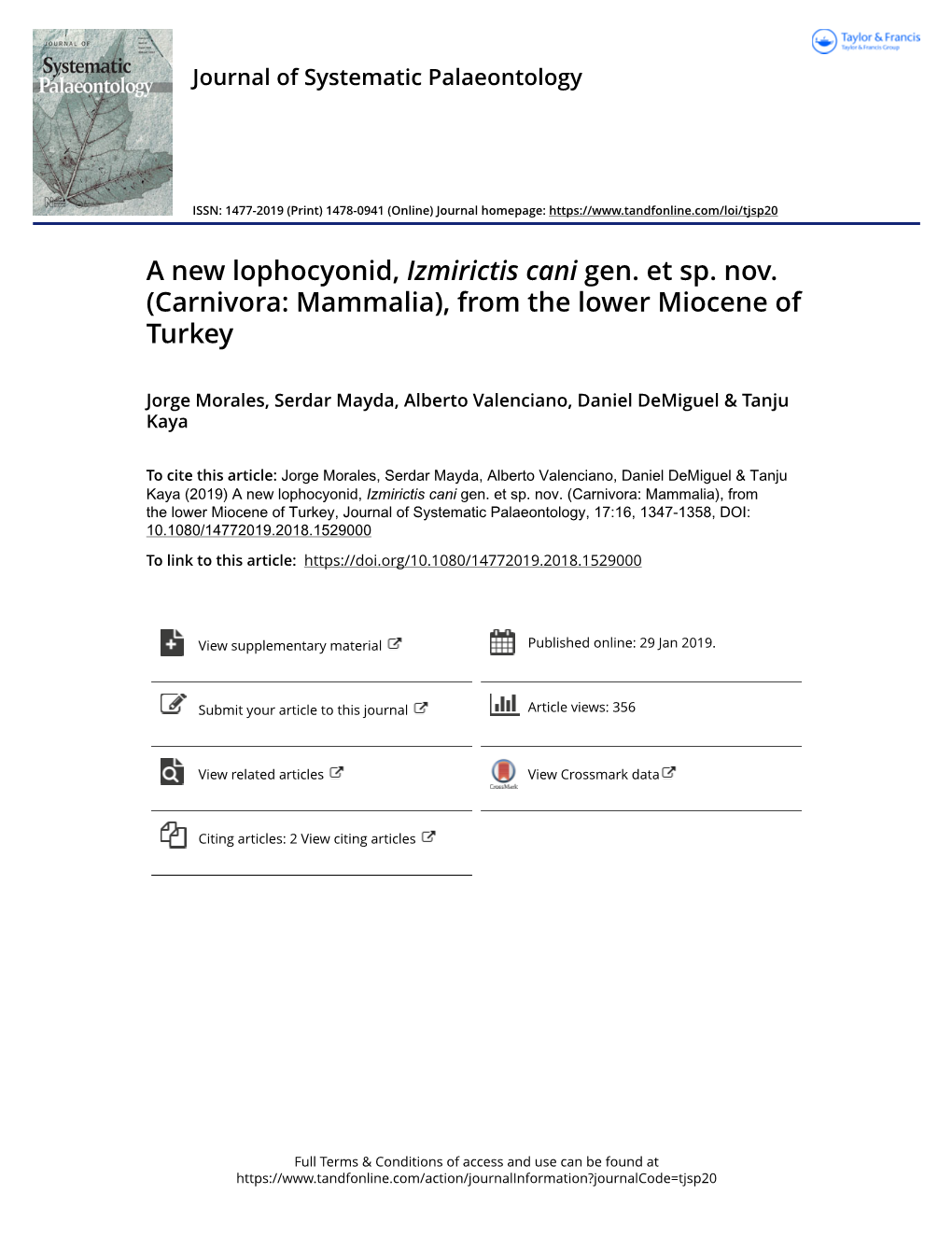 A New Lophocyonid, Izmirictis Cani Gen. Et Sp. Nov. (Carnivora: Mammalia), from the Lower Miocene of Turkey