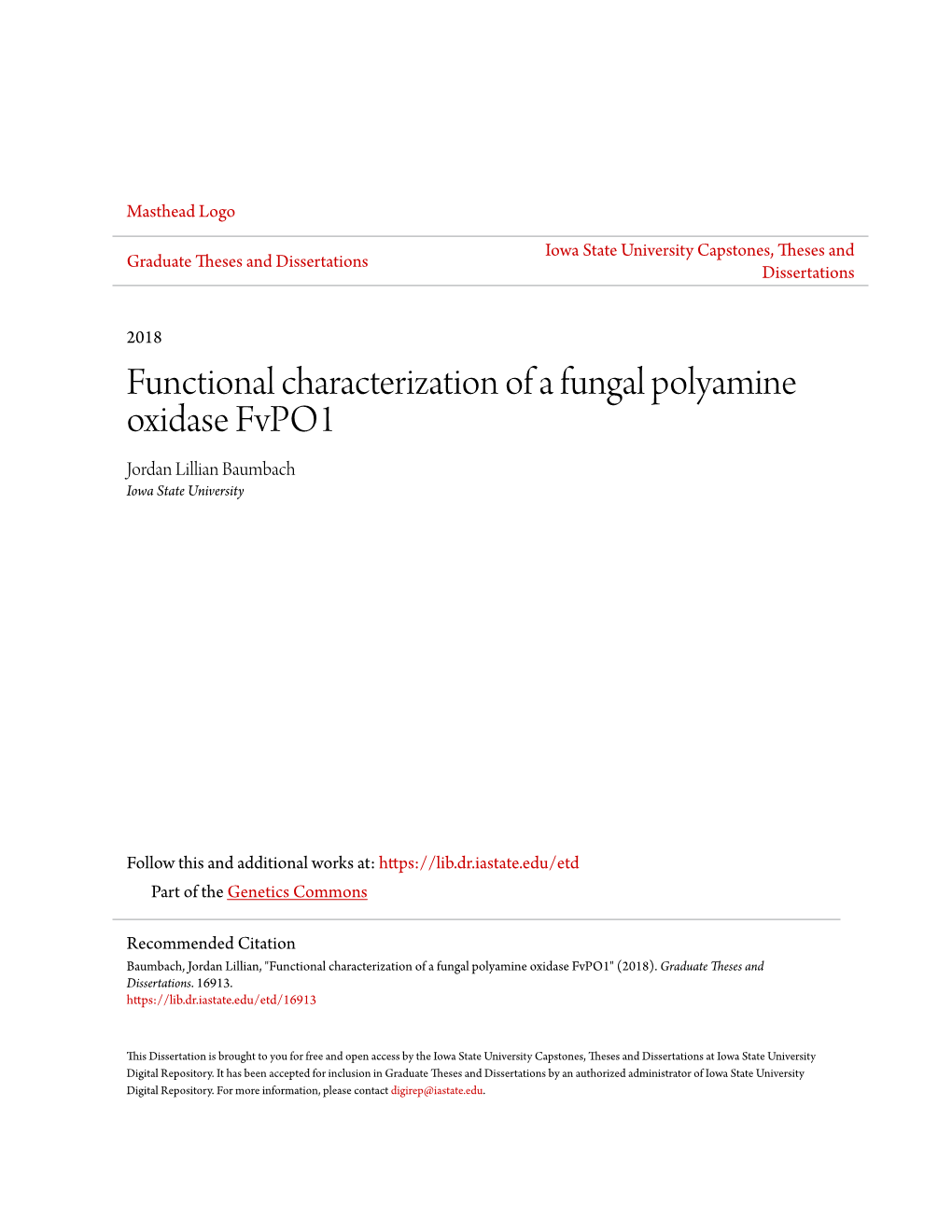 Functional Characterization of a Fungal Polyamine Oxidase Fvpo1 Jordan Lillian Baumbach Iowa State University