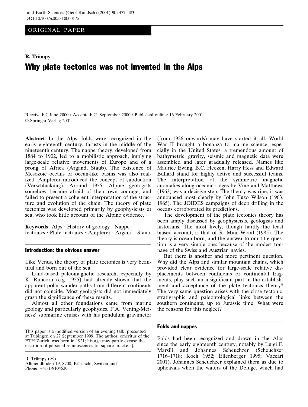 Why Plate Tectonics Was Not Invented in the Alps