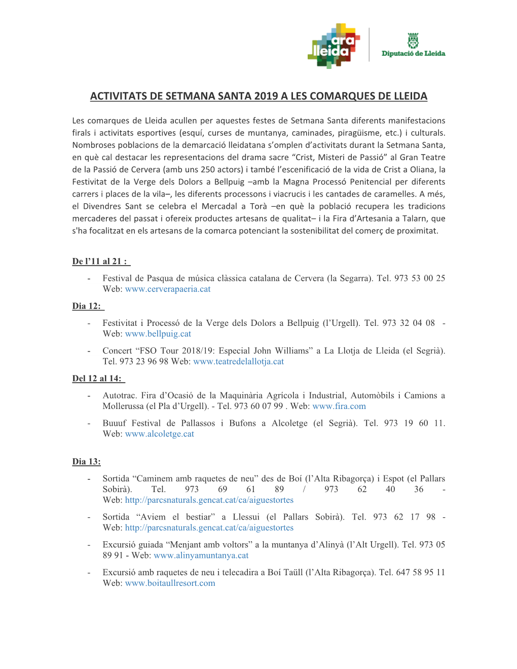 Activitats De Setmana Santa 2019 a Les Comarques De Lleida
