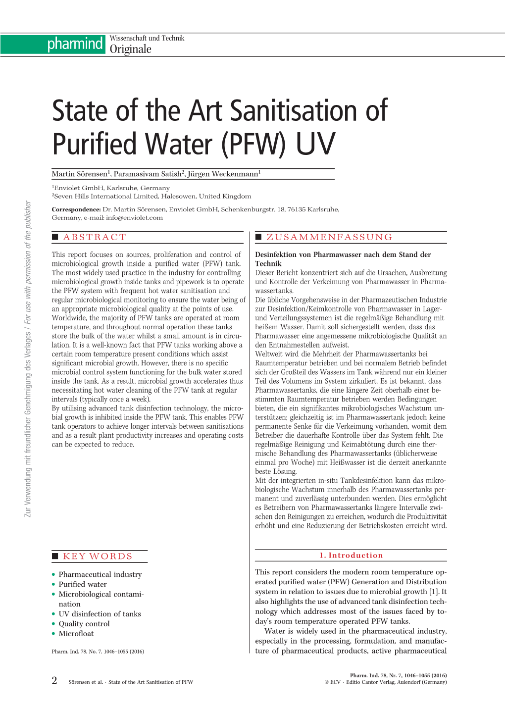 State of the Art Sanitisation of Purified Water (PFW) UV