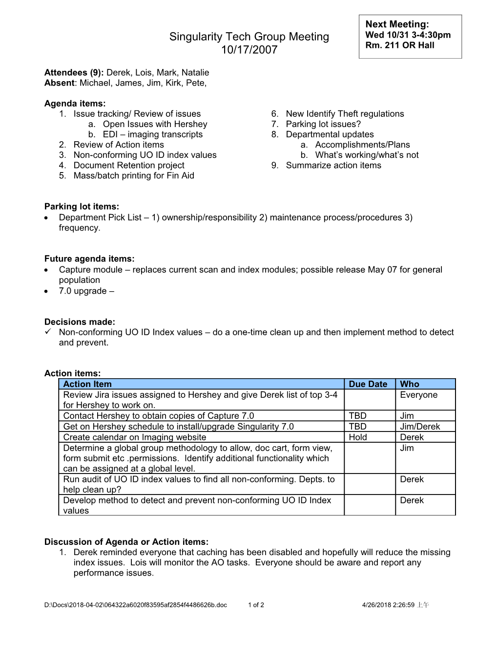 Registrar and Admissions Imaging Meeting Minutes - 02/07/06