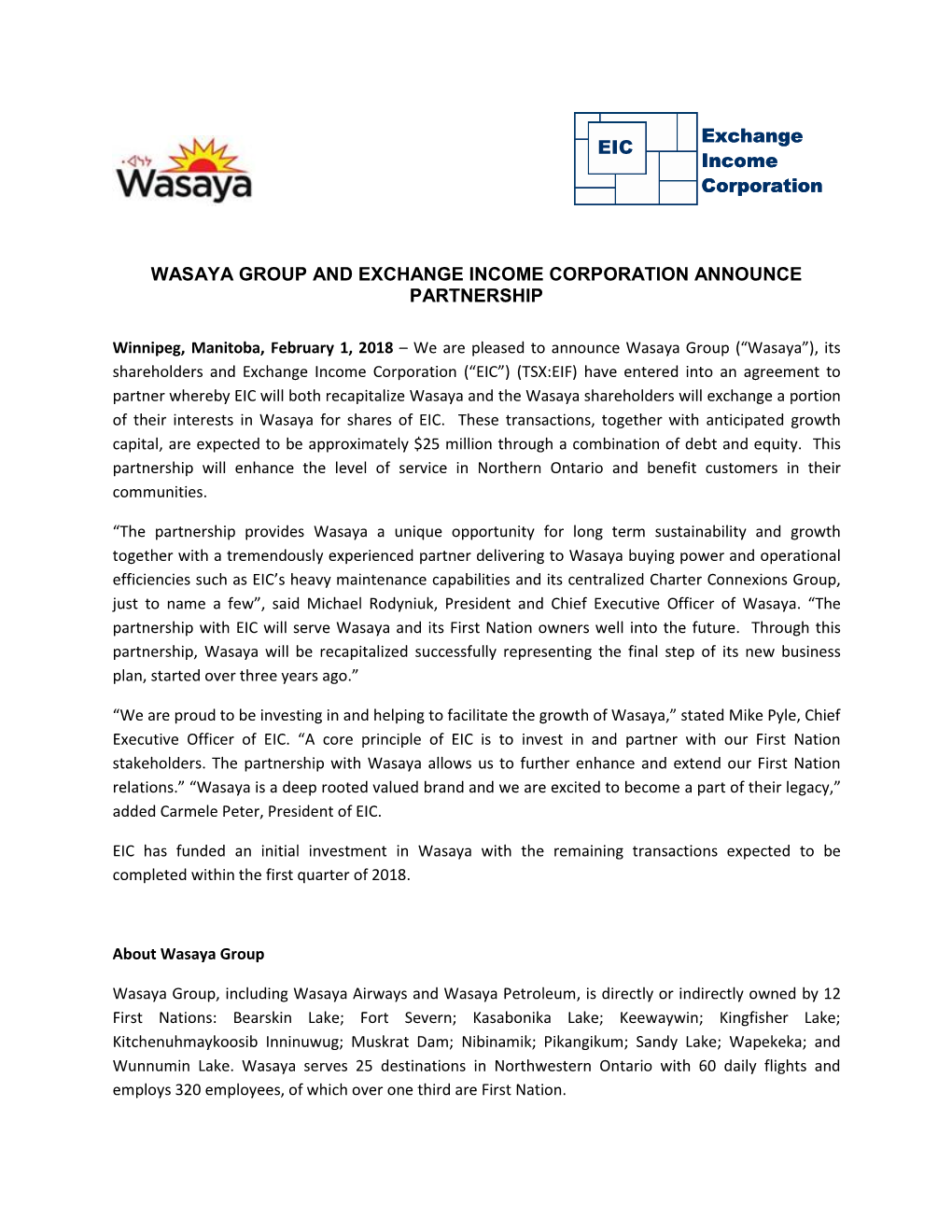 Wasaya Group and Exchange Income Corporation Announce Partnership