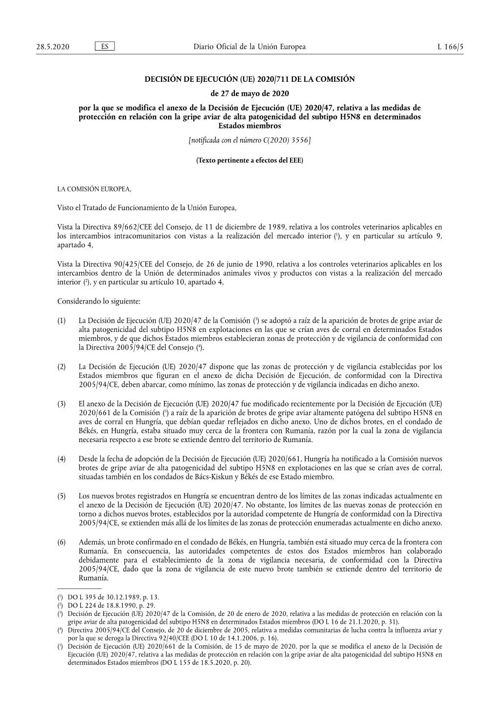 (UE) 2020/711 DE LA COMISIÓN De 27 De Mayo De 2020 Por