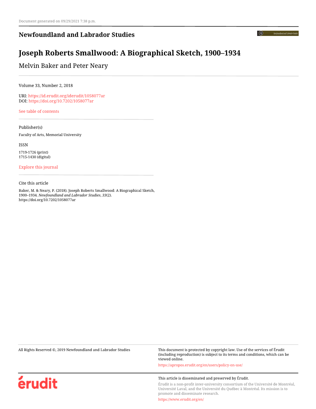 Joseph Roberts Smallwood: a Biographical Sketch, 1900–1934 Melvin Baker and Peter Neary