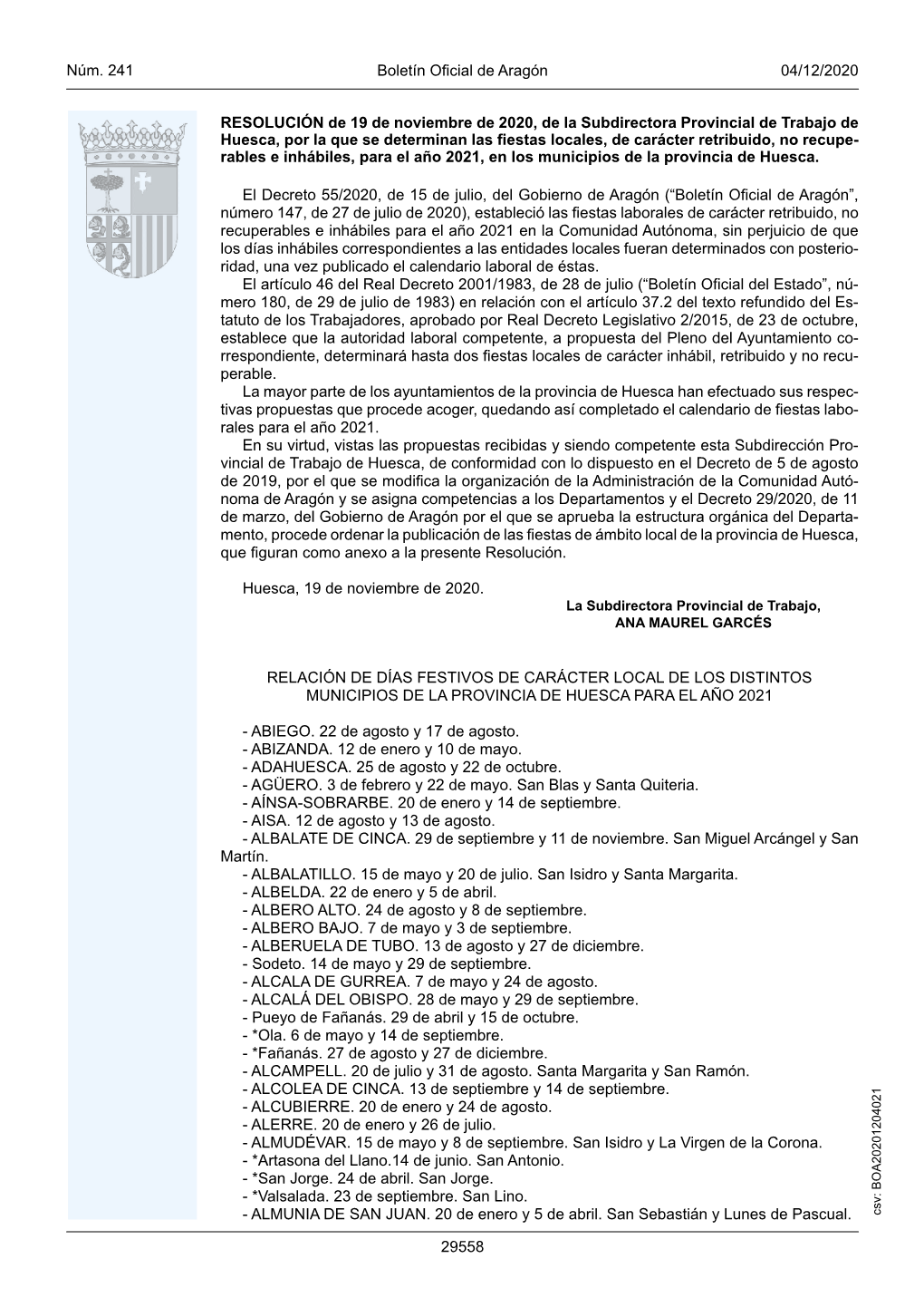 RESOLUCIÓN De 19 De Noviembre De 2020, De La Subdirectora Provincial De Trabajo De - ALMUNIA DESANJUAN.20 Deeneroy5abril.San Sebastiánylunesdepascual