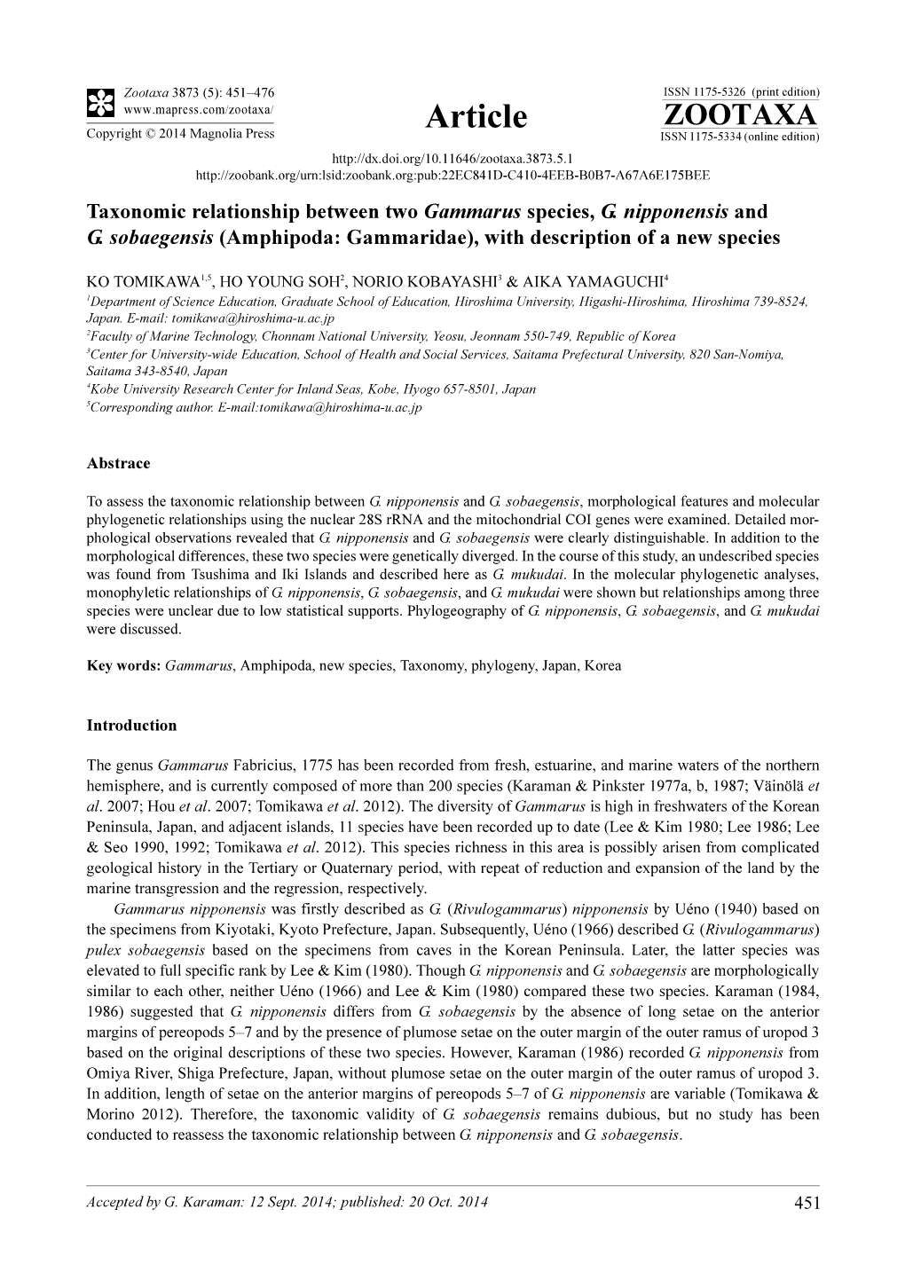 Taxonomic Relationship Between Two Gammarus Species, G