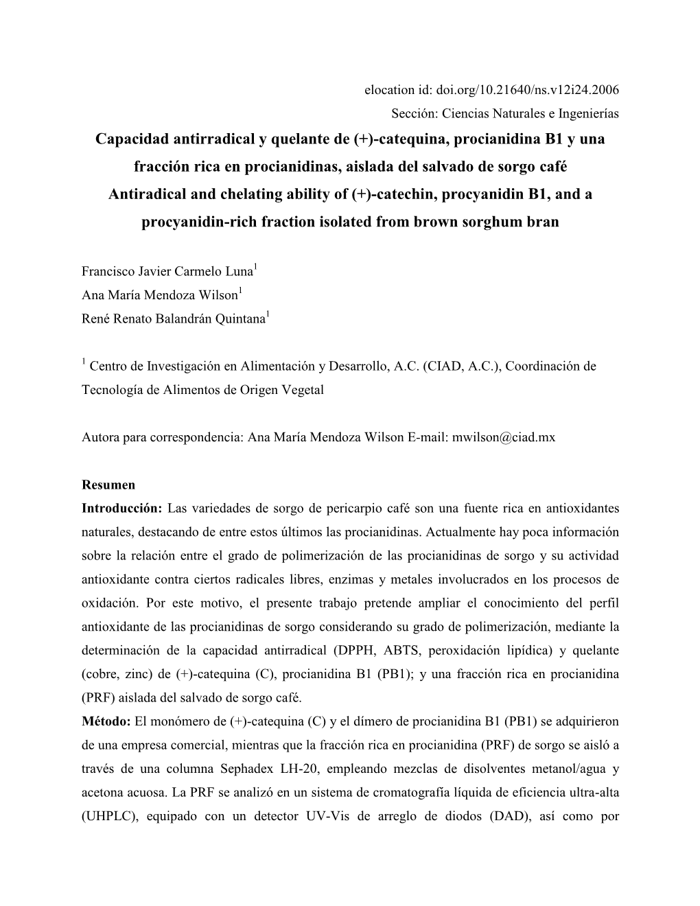 Capacidad Antirradical Y Quelante De (+)-Catequina, Procianidina B1 Y