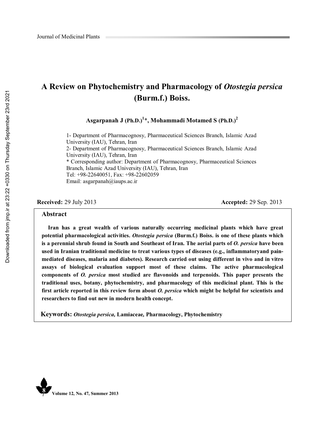 A Review on Phytochemistry and Pharmacology of Otostegia Persica (Burm.F.) Boiss