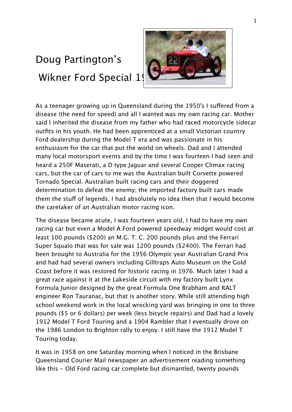The Wikner Ford Special 1922 Story