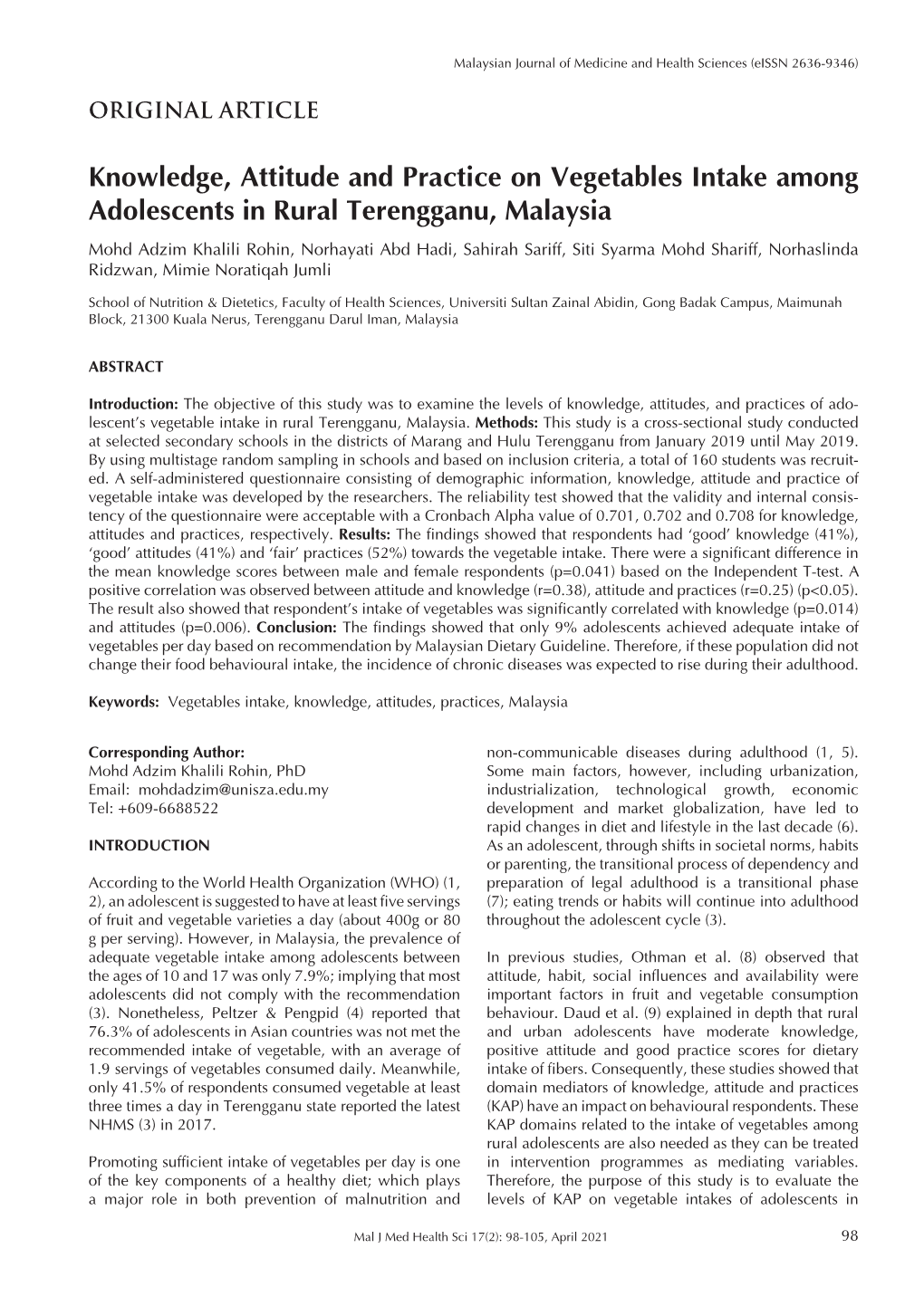 Knowledge, Attitude and Practice on Vegetables Intake Among