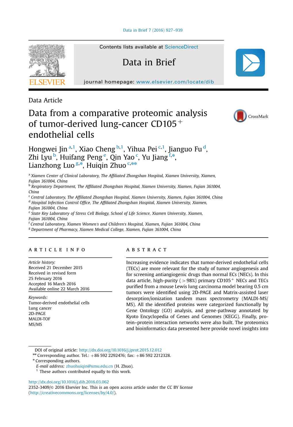Data from a Comparative Proteomic Analysis of Tumor-Derived Lung-Cancer Cd105þ Endothelial Cells
