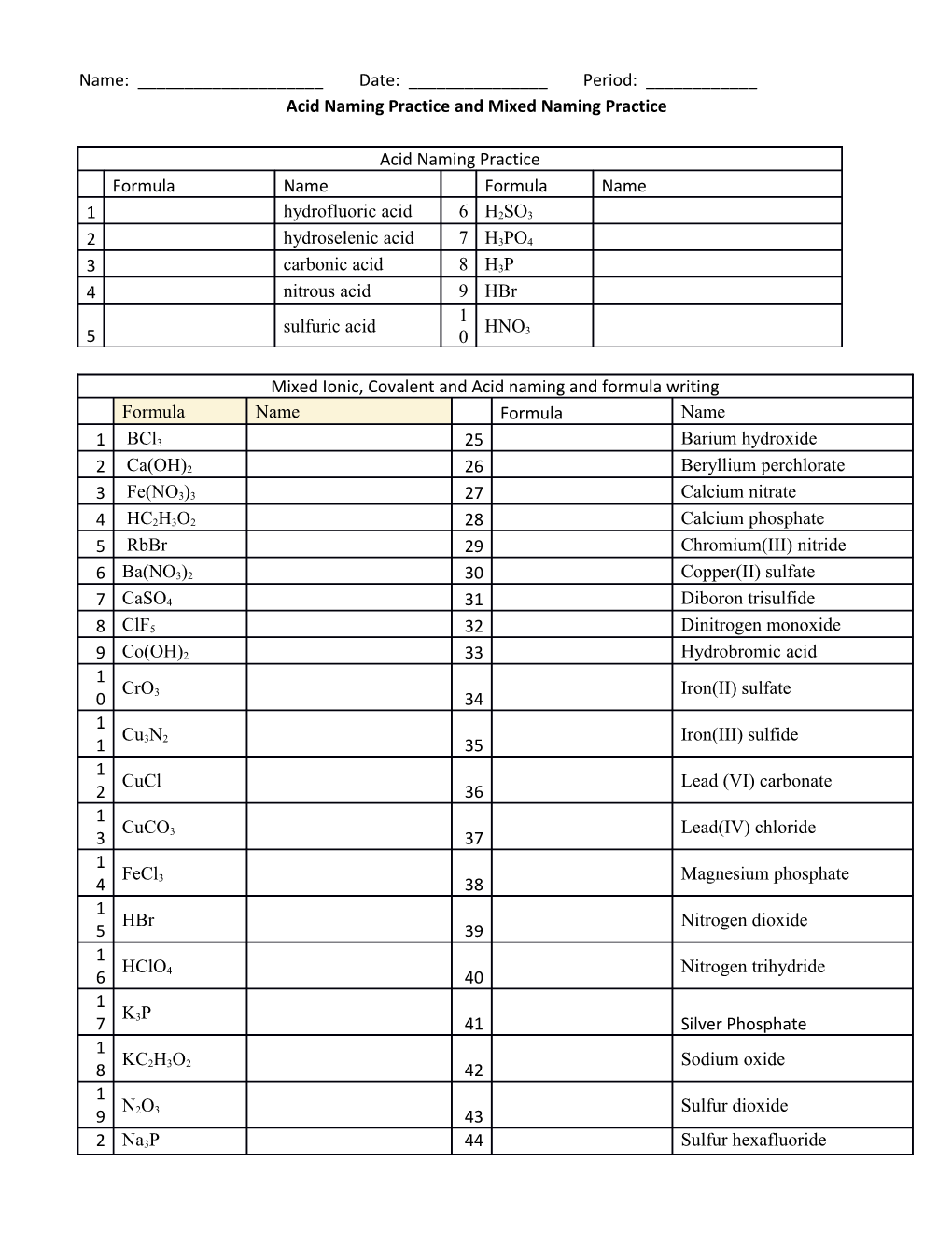 Acid Naming Practice and Mixed Naming Practice