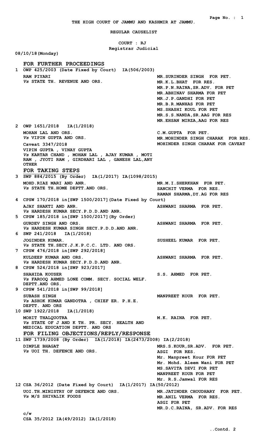 For Further Proceedings for Taking Steps for Filing