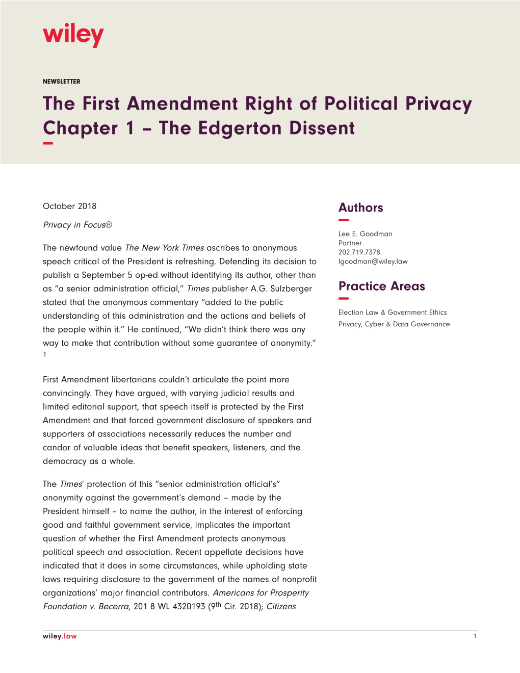The First Amendment Right of Political Privacy Chapter 1 – the Edgerton Dissent −