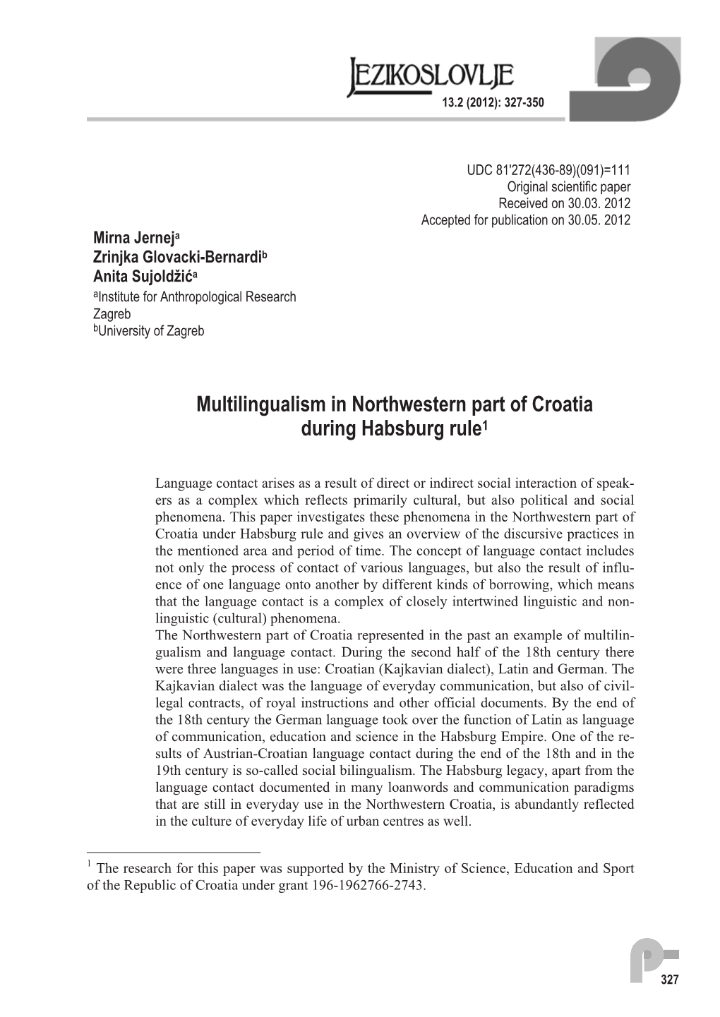 Multilingualism in Northwestern Part of Croatia During Habsburg Rule1