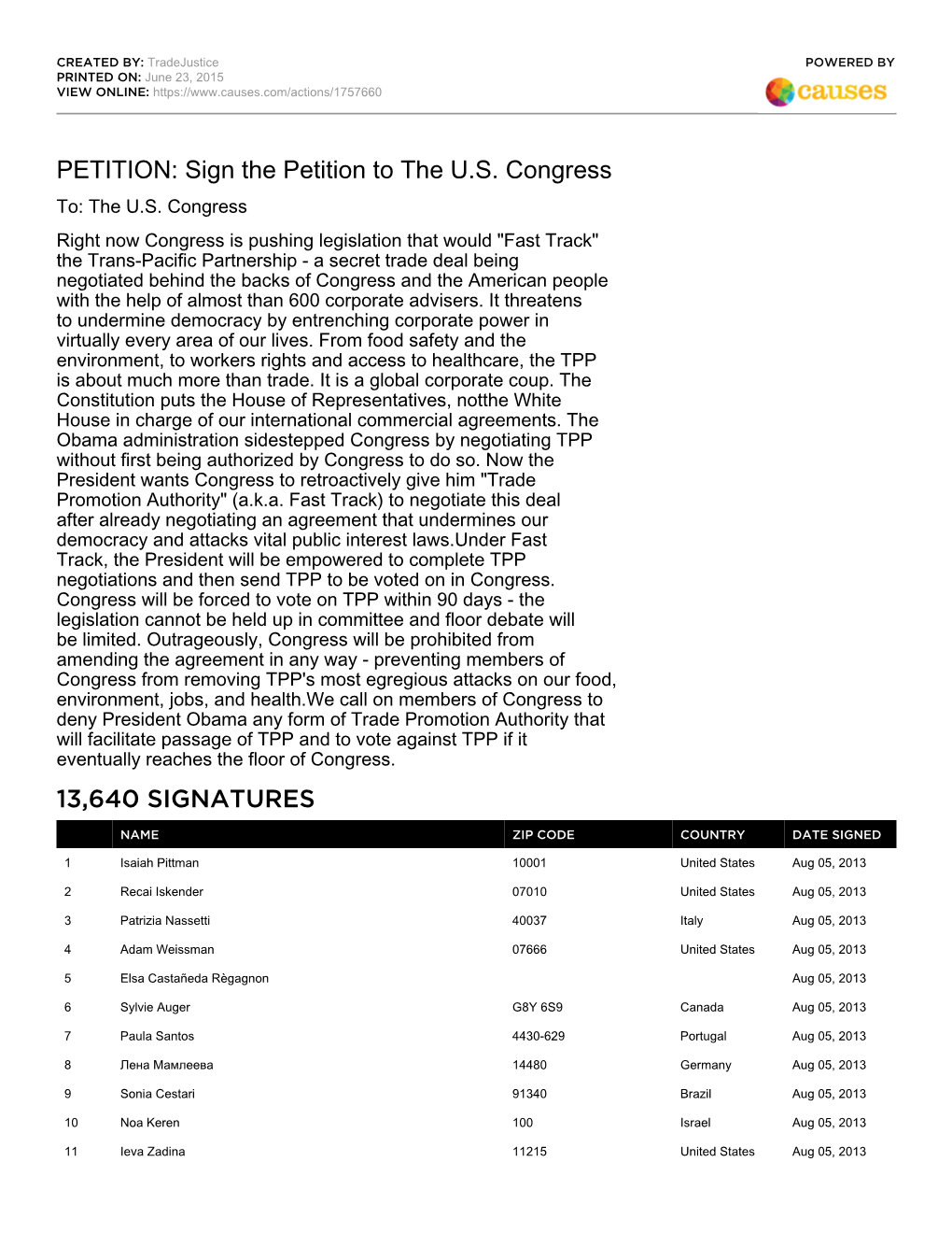 PETITION: Sign the Petition to the U.S. Congress 13,640 SIGNATURES