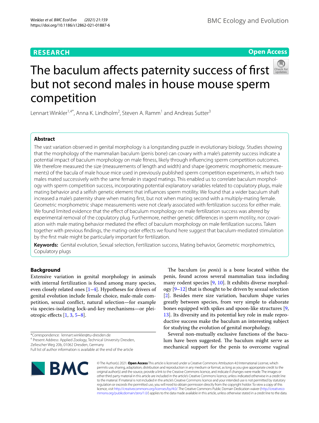 The Baculum Affects Paternity Success of First but Not Second Males in House Mouse Sperm Competition