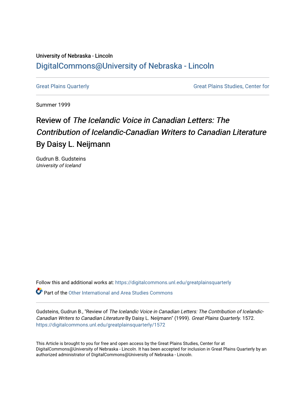 Review of the Icelandic Voice in Canadian Letters: the Contribution of Icelandic-Canadian Writers to Canadian Literature by Daisy L