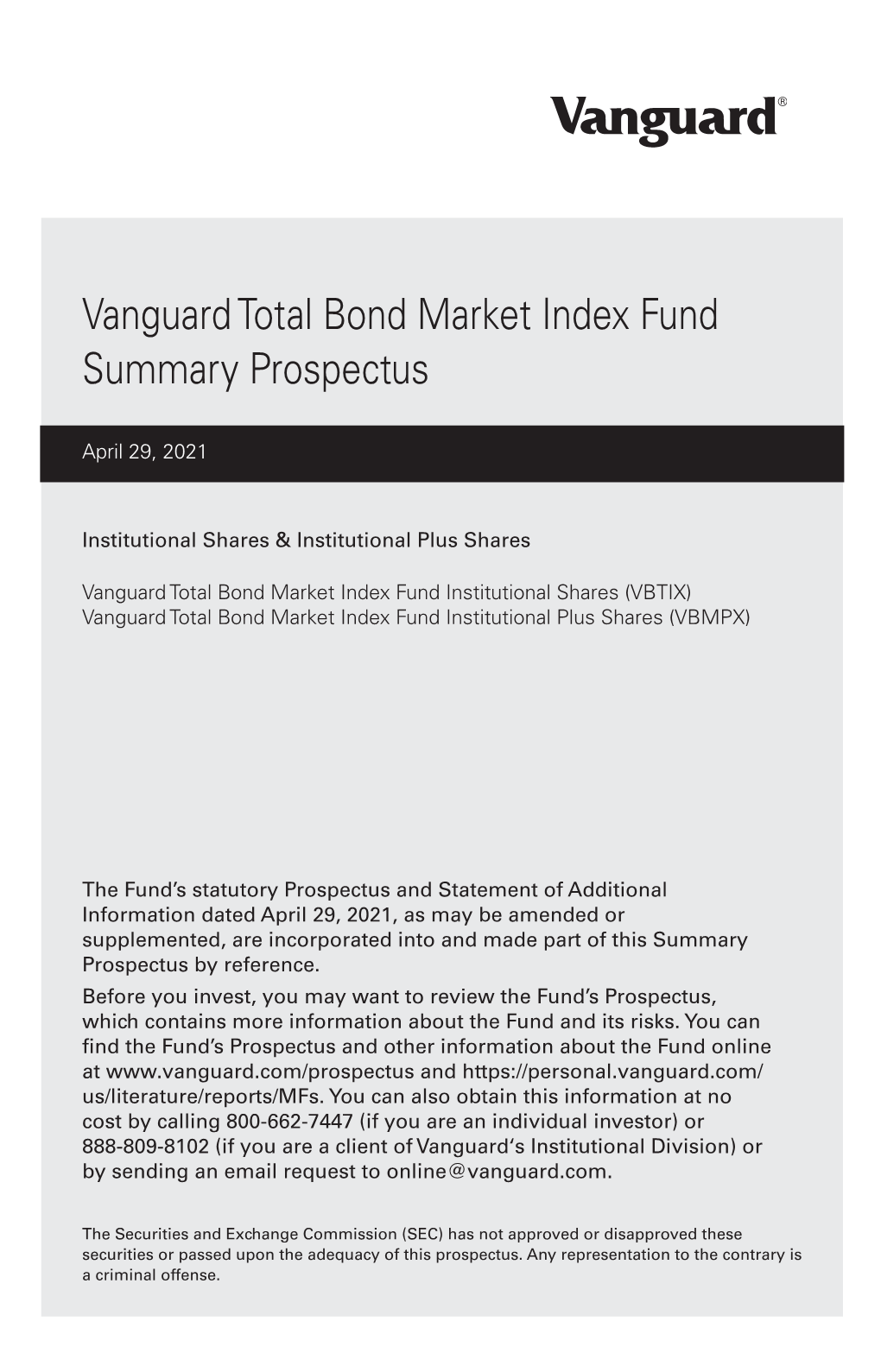 Vanguard Total Bond Market Index Fund Summary Prospectus