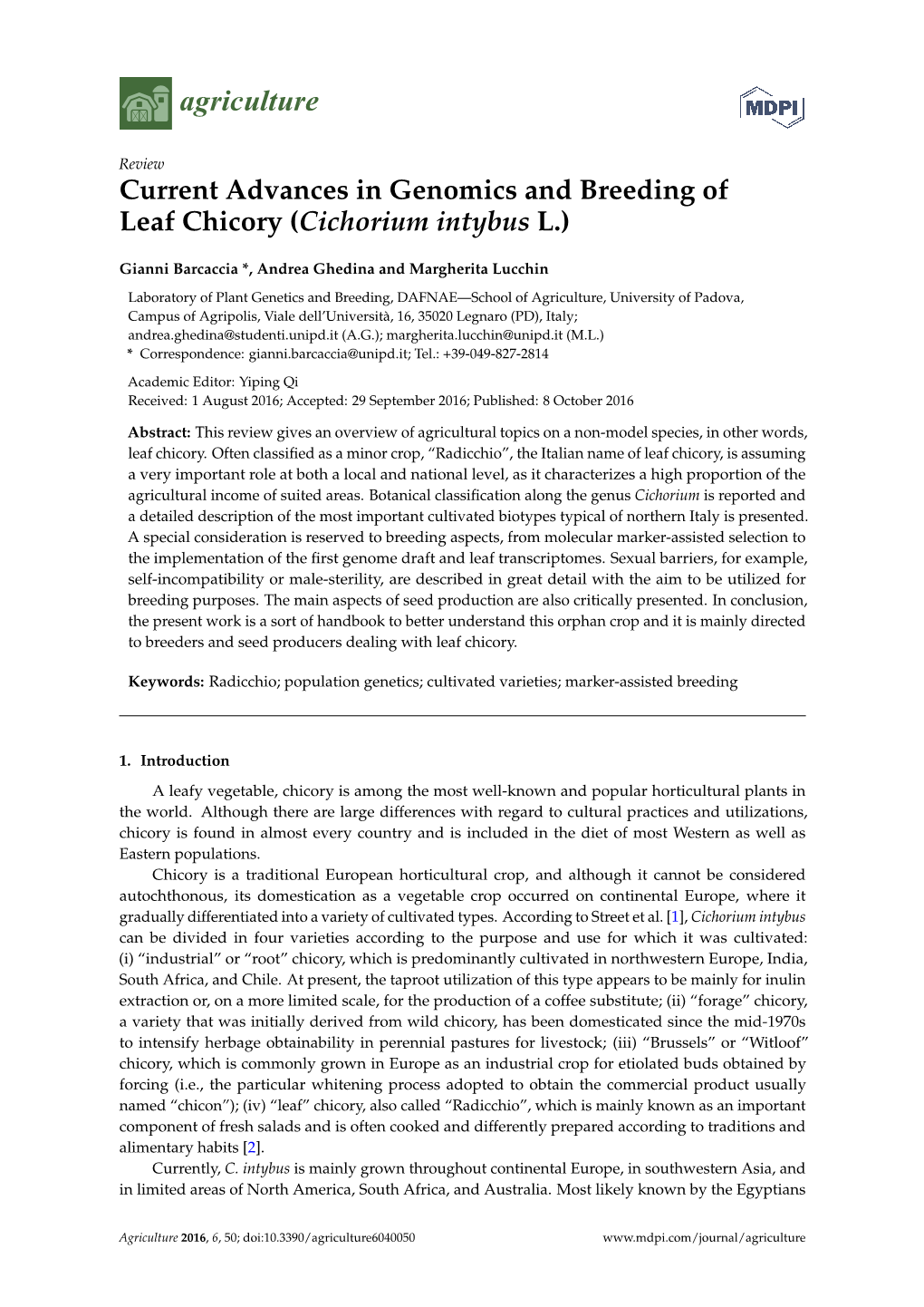 Current Advances in Genomics and Breeding of Leaf Chicory (Cichorium Intybus L.)