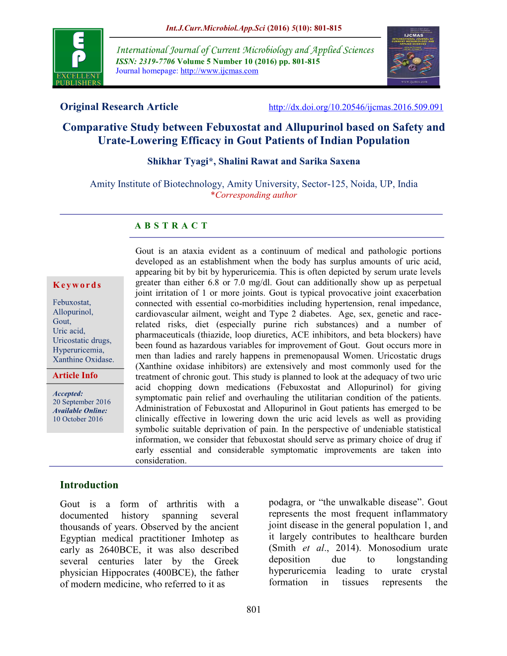 Comparative Study Between Febuxostat and Allupurinol Based on Safety and Urate-Lowering Efficacy in Gout Patients of Indian Population