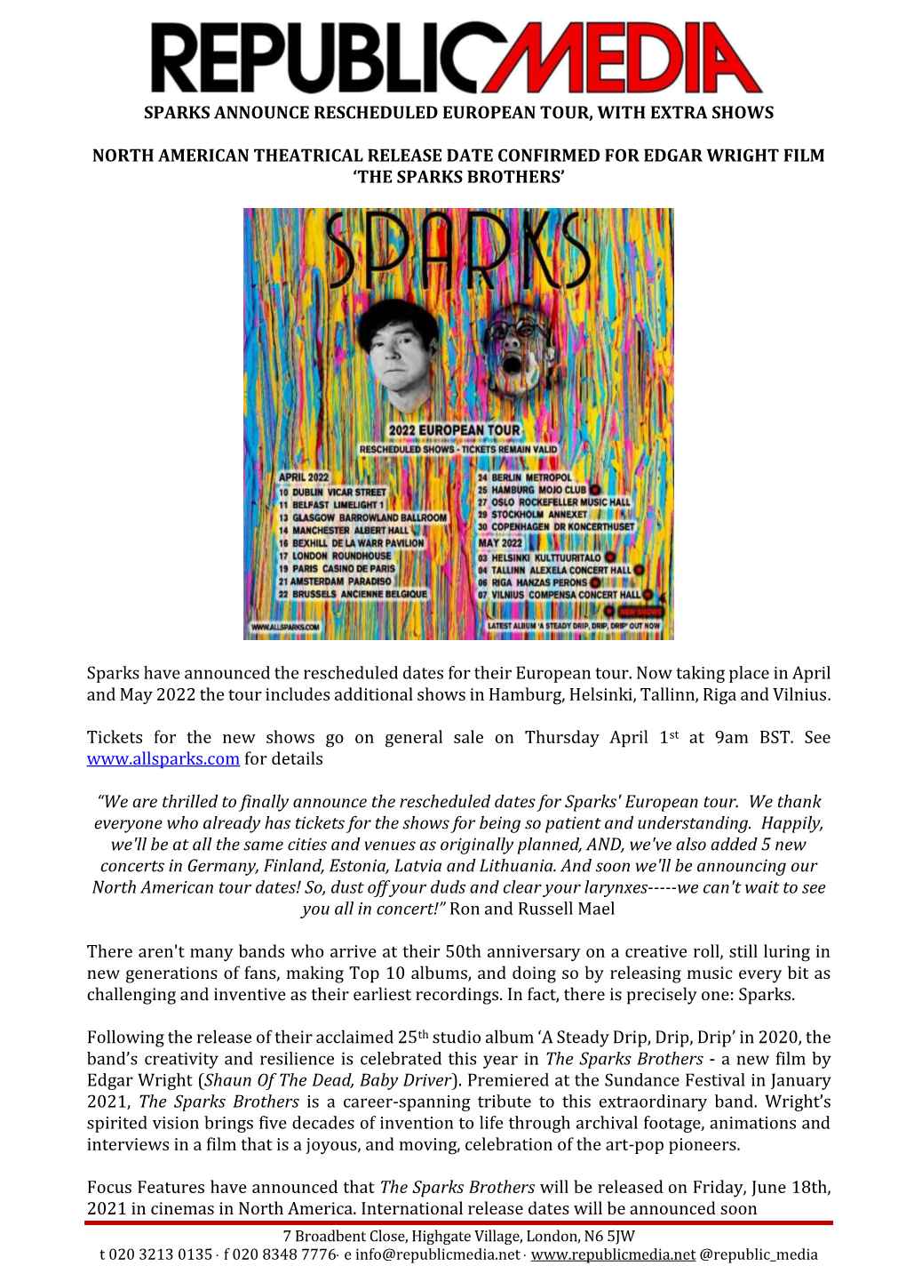 Sparks Announce Rescheduled European Tour, with Extra Shows