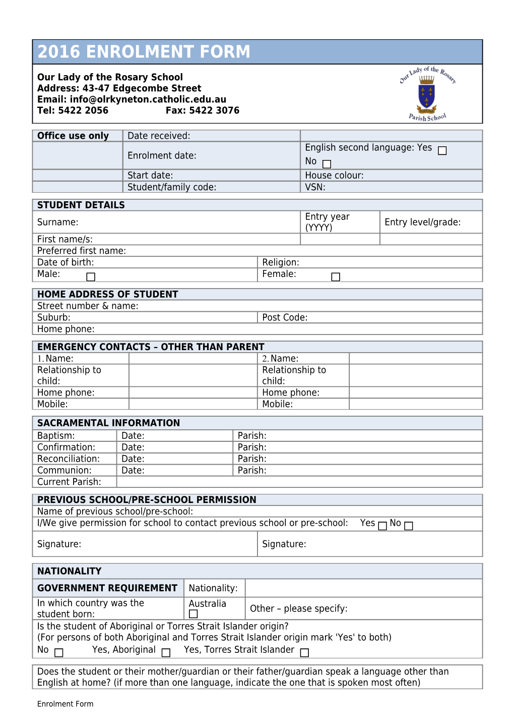 School Enrolment Form