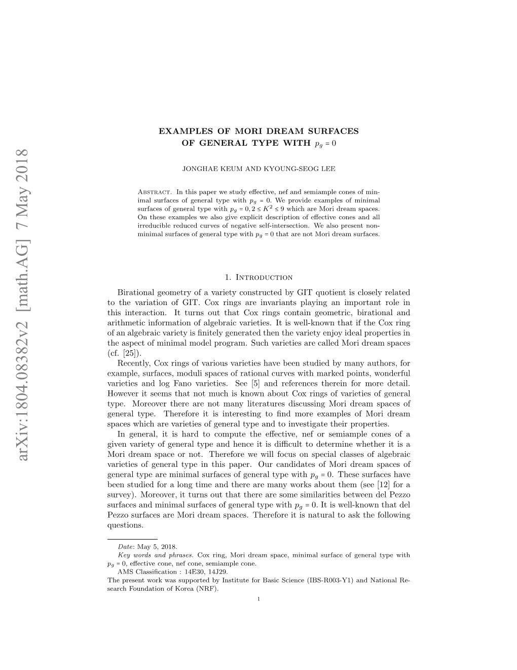 Arxiv:1804.08382V2 [Math.AG] 7 May 2018 H Rsn Okwsspotdb Nttt O Ai Scienc Basic (NRF)