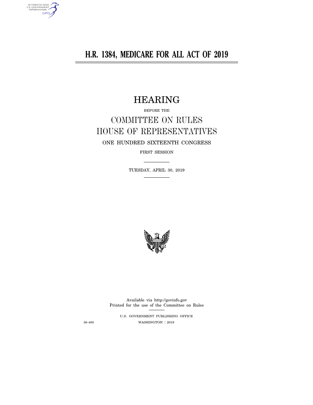 H.R. 1384, Medicare for All Act of 2019 Hearing Committee