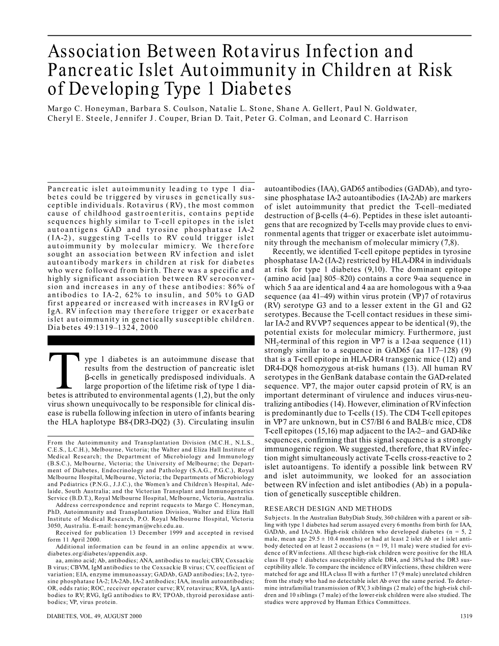Association Between Rotavirus Infection and Pancreatic Islet Autoimmunity in Children at Risk of Developing Type 1 Diabetes Margo C