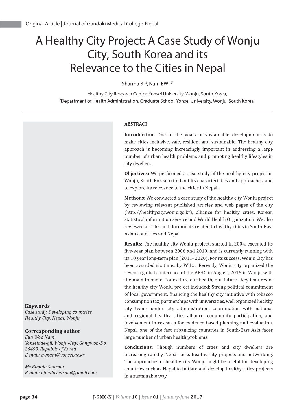 A Healthy City Project: a Case Study of Wonju City, South Korea and Its Relevance to the Cities in Nepal