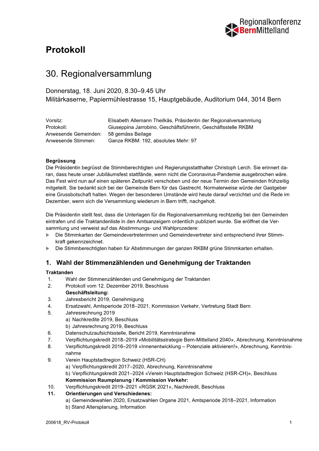 Protokoll 30. Regionalversammlung