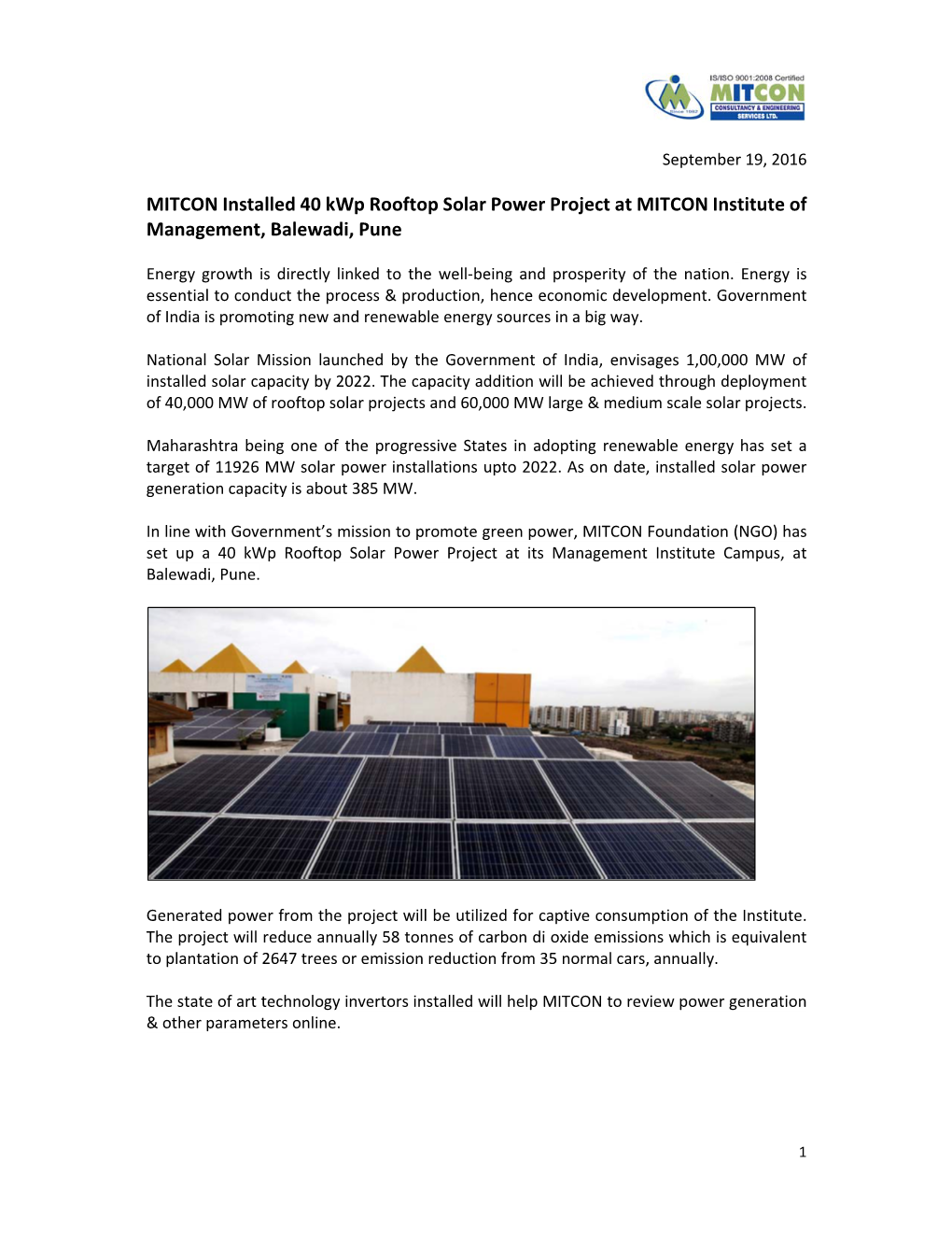 MITCON Installed 40 Kwp Rooftop Solar Power Project at MITCON Institute of Management, Balewadi, Pune
