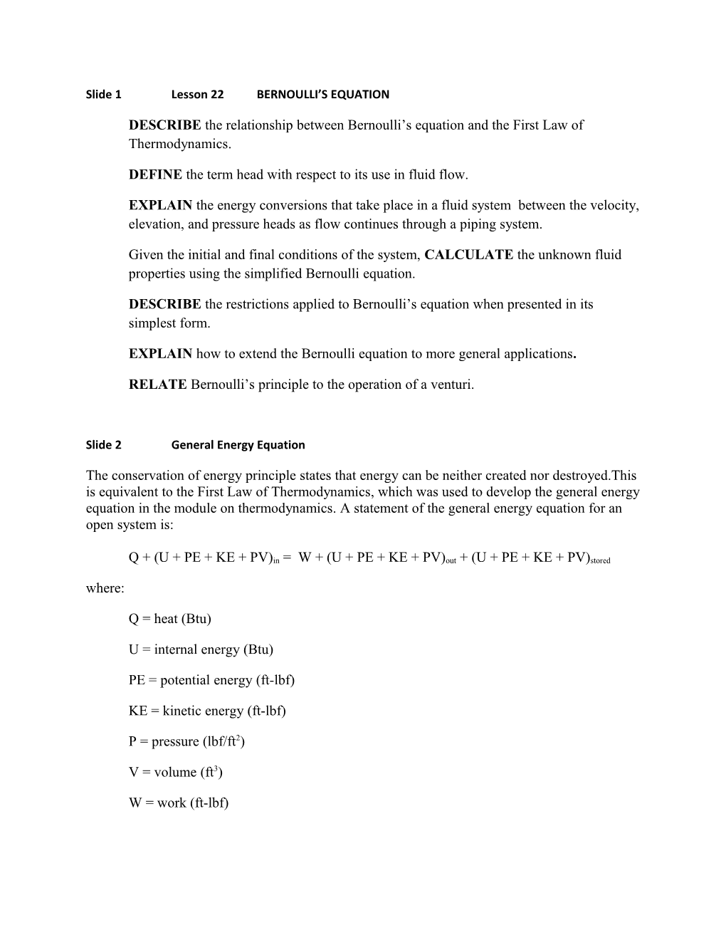 Slide 1 Lesson 22 BERNOULLI S EQUATION