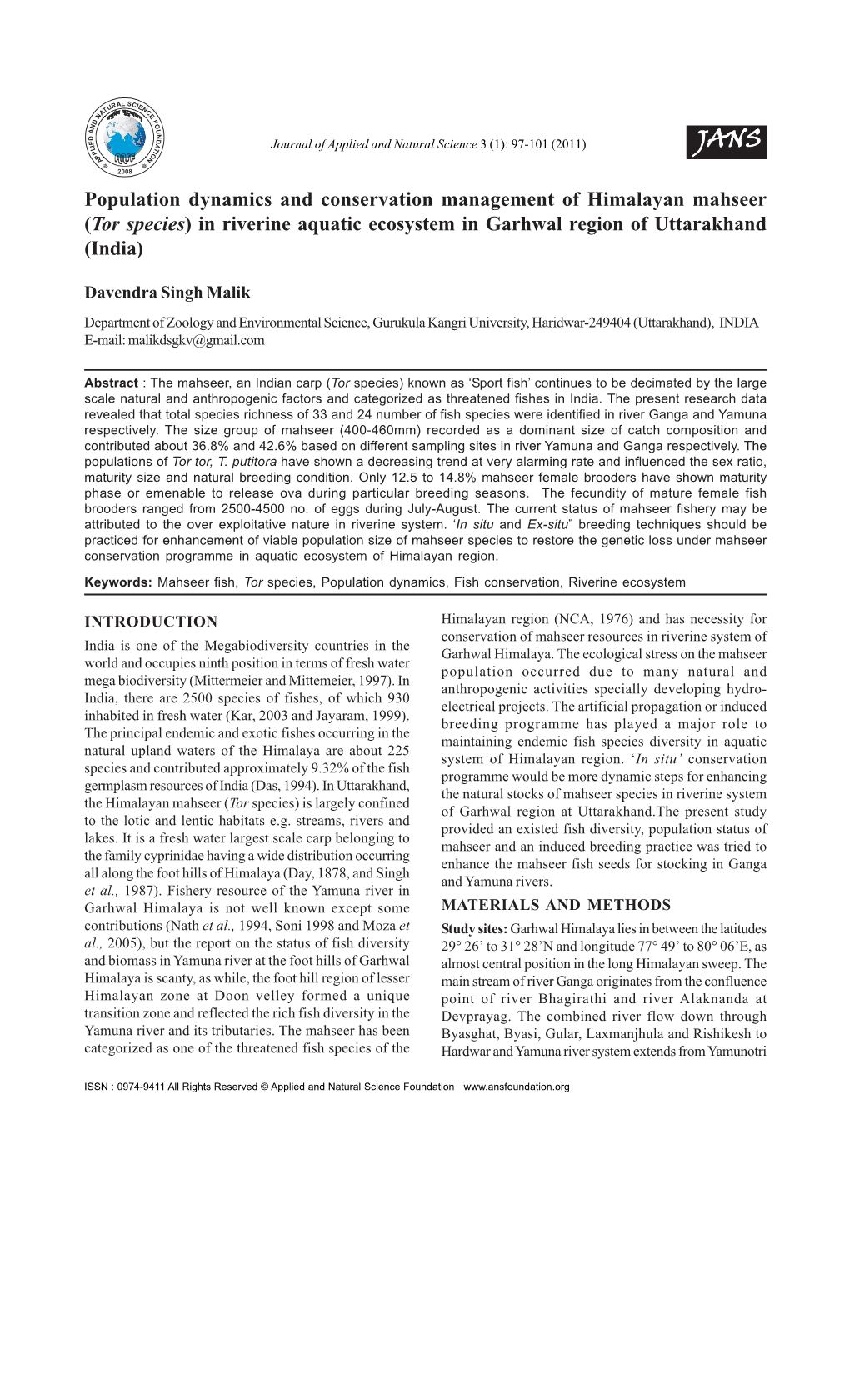 Population Dynamics and Conservation Management of Himalayan Mahseer (Tor Species) in Riverine Aquatic Ecosystem in Garhwal Region of Uttarakhand (India)