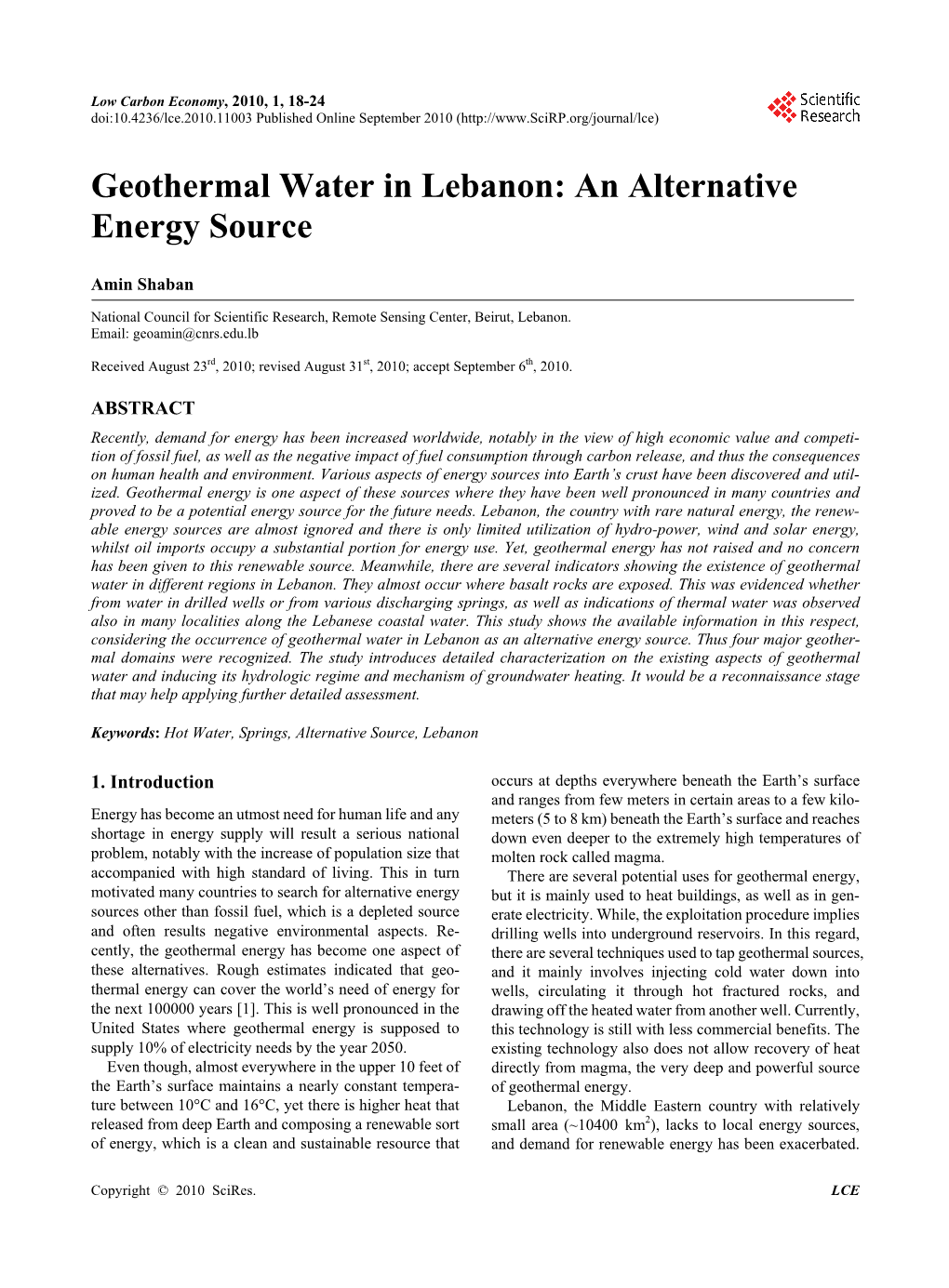 Geothermal Water in Lebanon: an Alternative Energy Source