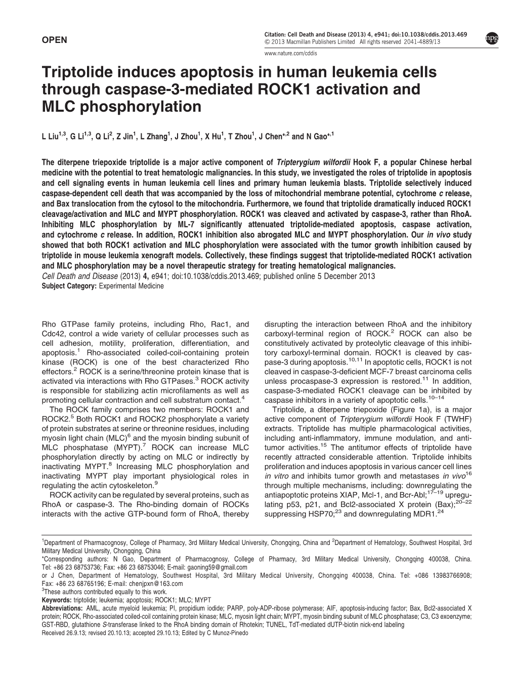 Triptolide Induces Apoptosis in Human Leukemia Cells Through Caspase-3-Mediated ROCK1 Activation and MLC Phosphorylation