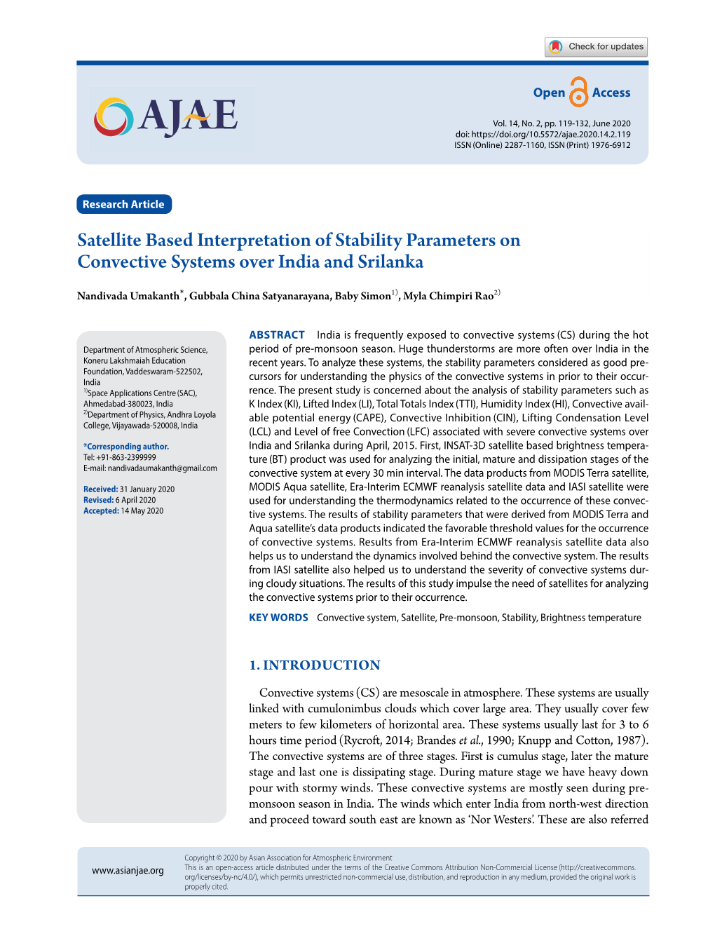 Satellite Based Interpretation of Stability Parameters on Convective Systems Over India and Srilanka