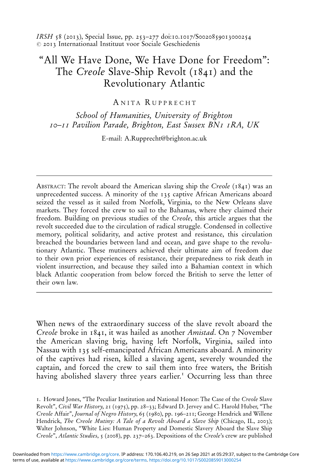 The Creole Slave-Ship Revolt (1841) and the Revolutionary Atlantic