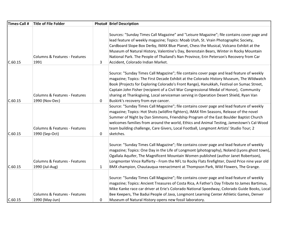 Times-Call # Title of File Folder Photo# Brief Description