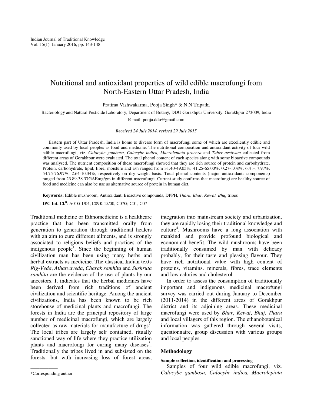 Nutritional and Antioxidant Properties of Wild Edible Macrofungi from North-Eastern Uttar Pradesh, India