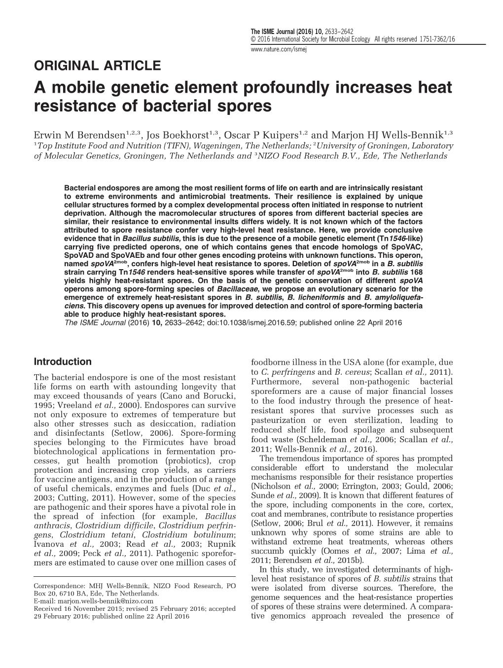 A Mobile Genetic Element Profoundly Increases Heat Resistance of Bacterial Spores