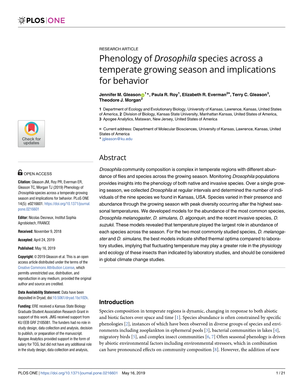 Phenology of Drosophila Species Across a Temperate Growing Season and Implications for Behavior