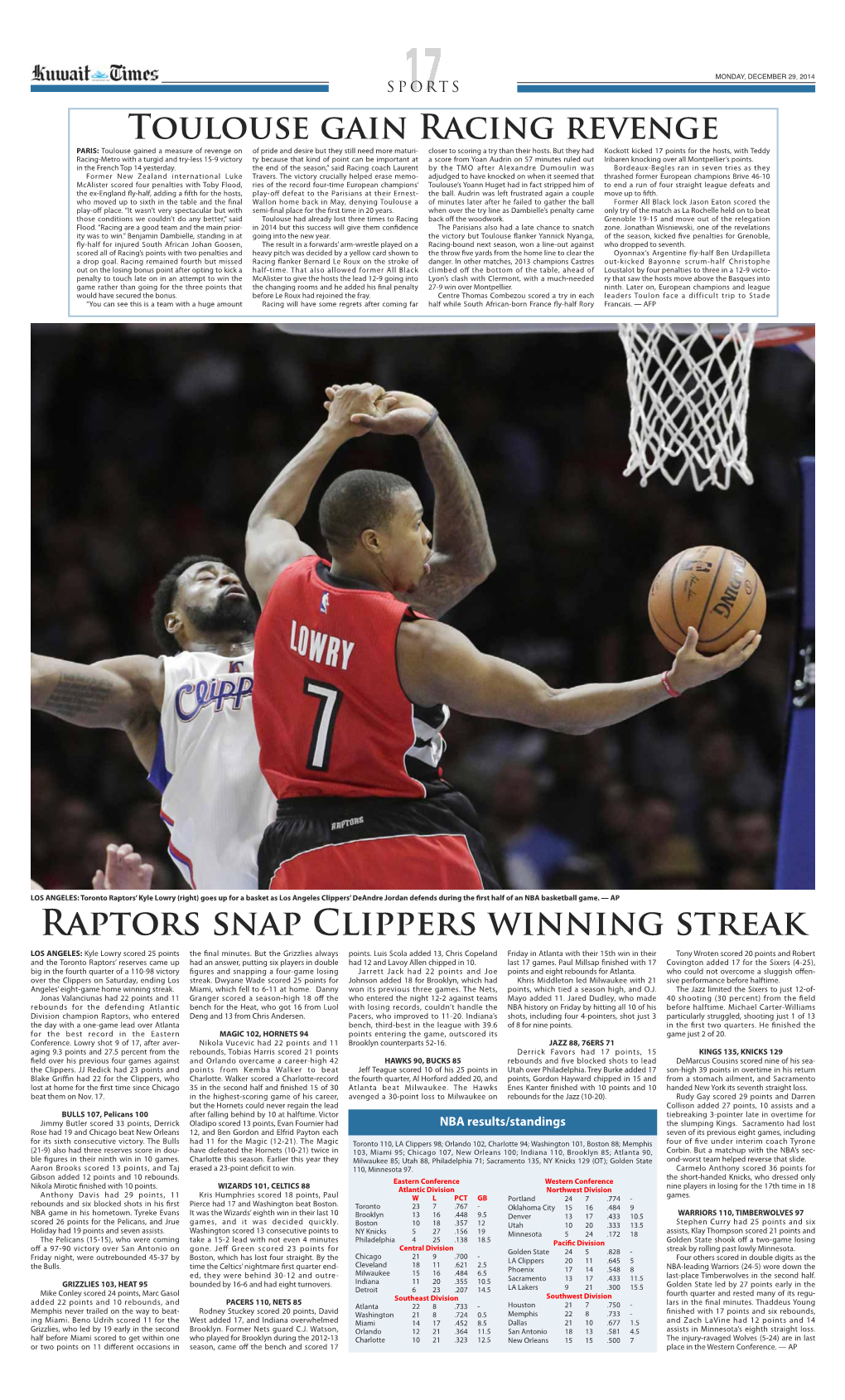 Raptors Snap Clippers Winning Streak