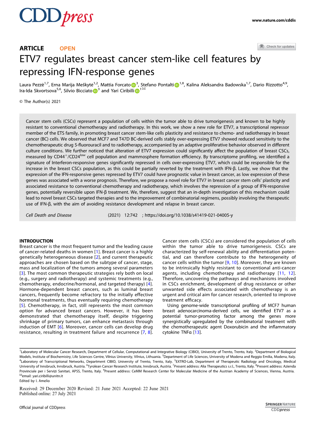 ETV7 Regulates Breast Cancer Stem-Like Cell Features by Repressing IFN-Response Genes