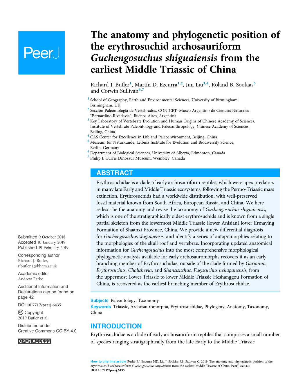 The Anatomy and Phylogenetic Position of the Erythrosuchid Archosauriform Guchengosuchus Shiguaiensis from the Earliest Middle Triassic of China