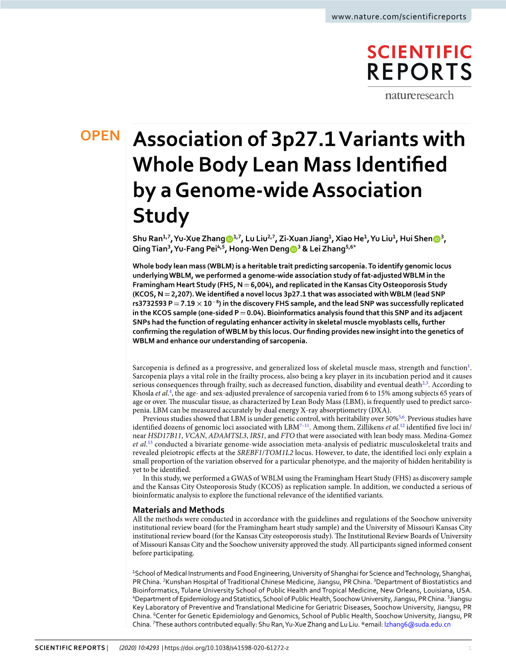 Association of 3P27.1 Variants with Whole Body Lean Mass Identified